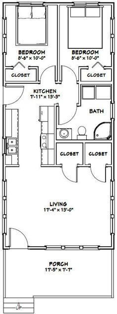 the floor plan for a two bedroom, one bath apartment with an attached kitchen and living room