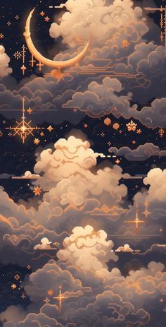 the sky is filled with clouds and stars, as if they were floating in the air