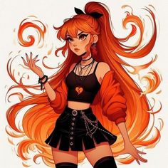 a girl with long red hair and black outfit standing in front of an orange background