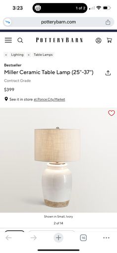 a lamp is on the internet page with an ad for pottery barn's ceramic table lamp