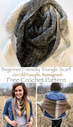 a woman wearing a scarf with fringes and text that reads beginner friendly triangle scarf an old favorite, reinangned - free crochet pattern