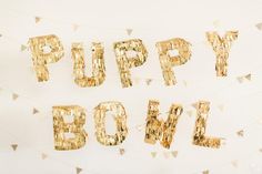 the words puppy bowl are made out of gold foil balloons and confetti streamers