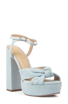 A towering heel and chunky platform elevate this dreamy almond-toed sandal crafted from denim for a playful retro feel. 5 1/2" heel; 1 1/4" platform (size 38.5) Textile upper/leather lining and sole Made in Brazil Denim Blue Platform Sandals For Spring, Chic Denim Block Heel Shoes, Chic Denim Heels With Block Heel, Chic Denim Block Heel Heels, Chic Denim Block Heel, Denim High Heel Platform Sandals, Denim Blue Open Toe Platform Heels, Denim Platform Heels With Open Toe, Summer Denim Block Heel Shoes