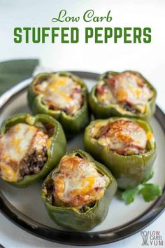 stuffed peppers on a plate with the title below