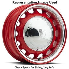 a red wheel with chrome spokes on it and the words, representative image used check spec