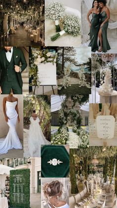 a collage of wedding photos with white flowers and greenery in the background, including green