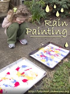 Rain Painting (Shannon's Tot School) Reggio Weather Activities, Messy Outdoor Art For Kids, Forest School Water Activities, Powder Paint Activities, Painting With Rain, Nature Learning Activities Preschool, Weather Eyfs, Rain Activities, Weather Theme