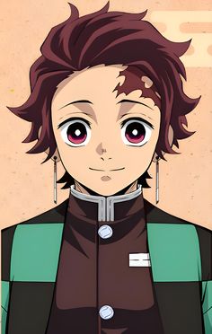 an anime character with brown hair and red eyes, wearing a green shirt and black pants