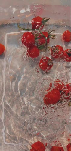 some red tomatoes are floating in water and on the surface with bubbles, as well as other small pieces of fruit