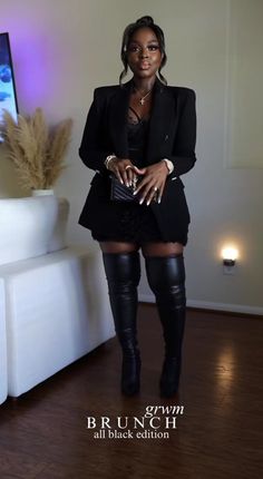 Blazer With Thigh High Boots, Boujee Fashion Aesthetic, Spa Day Outfit Black Women, Outfits With Black Thigh High Boots, Tights With Open Toe Heels Outfit, Black And Gold Party Outfits Women, Casual Office Party Outfit Winter, All Black Outfit Black Women Classy, All Black Brunch Outfit