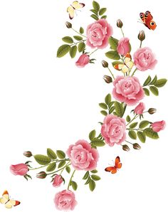 the letter c is made up of pink roses and butterflies with green leaves on it