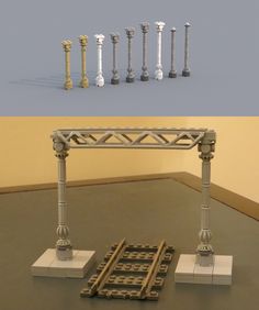 there are many different types of pillars and poles on the floor in front of each other