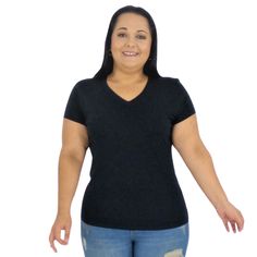 Our lightweight cotton V-neck tee is perfect for layering. Wear it under a sweater, a plaid shirt or dress it up by throwing on a jacket on. It has a V-neck which creates a sleek and slimming look on any body type. Sits Right on the Hip Regular Fit Straight Hem V-Neck Short Sleeve Slight Stretch 95% Cotton, 5% Spandex CARE: Machine wash with cold water. Do not bleach. Tumble dry low. Do not iron FIT: Our model is wearing size 1X (12-14) Height: 5.3' Bust: 43" Waist: 36" Hips: 50" Fall V-neck T-shirt, Trendy V-neck T-shirt For Fall, V-neck Stretch T-shirt For Layering, Stretch V-neck T-shirt For Layering, Trendy Short Sleeve V-neck Top For Fall, Casual Short Sleeve V-neck Top For Fall, Stretch V-neck T-shirt For Fall, Fall Trendy V-neck T-shirt, Trendy V-neck Fall T-shirt