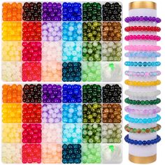 many colors of beads are arranged in rows and stacked on top of eachother