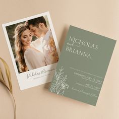 an image of a wedding card with the word nicholas and bibianna printed on it