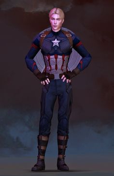 a man dressed as captain america standing with his hands on his hips and looking at the camera