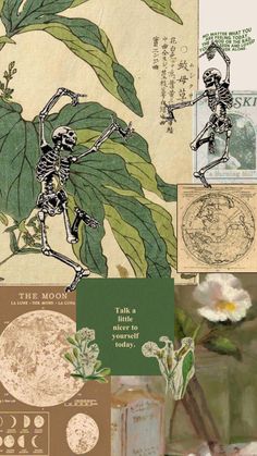 a collage of various images with flowers and skeletons on them, including an image of a skeleton holding a flower