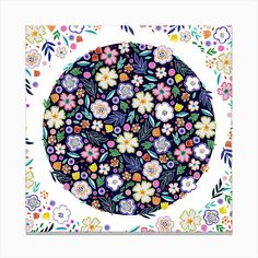 a colorful flowered circle with leaves and flowers around it on a white background by corbi