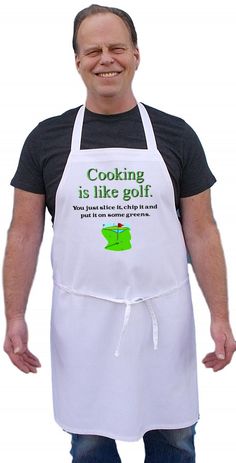 a man wearing an apron with the words cooking is like self and smiling at the camera