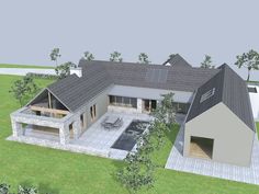 this is an artist's rendering of a modern house in the country side with pool and hot tub