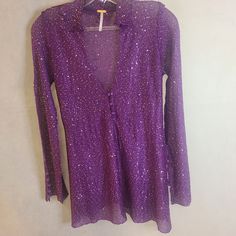 3 Front Button Closure Buttoned Cuffs Vneck Sequined Embellishments Throughout Garment Is Made With A Semi-Sheer Fabric, Undergarments Can Show Through. Semi Sheer Top, Sheer Fabric, Sheer Top, Sheer Fabrics, Color Purple, Embellishments, Sequin, Free People, Purple