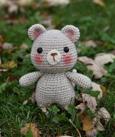 a crocheted teddy bear sitting in the grass with leaves on the ground behind it