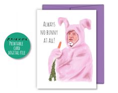 a card with an image of a person dressed as a bunny holding a carrot in its hand