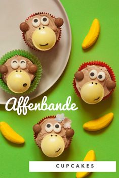 cupcakes with monkey faces and banana slices on green background, surrounded by the words afenbande