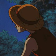 an animated image of a man with a hat looking up at the sky in front of trees