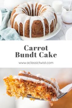 carrot bundt cake on a white plate with a bite taken out of it and the words carrot bundt cake above