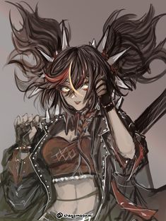 an anime character with long hair and horns