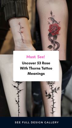 Explore the meanings of rose with thorns tattoos in this captivating design collection featuring four images showcasing various styles like minimalist thorn roses and stunning snake tattoos.