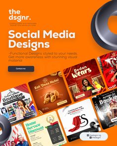 an orange background with various social media designs on the bottom right corner and in the middle left corner