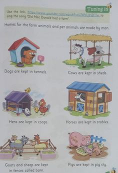 a poster with pictures of farm animals and their houses