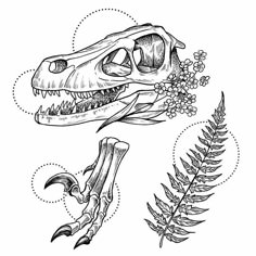 a drawing of a dinosaur skull with flowers and leaves on it's back side