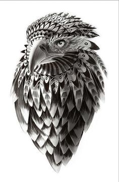 an eagle is shown in this black and white drawing, with the head turned to look like