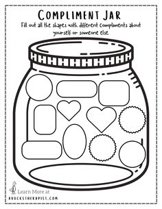 a jar filled with hearts and shapes for the valentine's day coloring book page