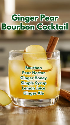 Ginger Pear Bourbon Cocktail Ginger Ale Cocktail, Warm Winter Drinks, Pear Cocktails, Restaurant Drinks, Honey Simple Syrup, Cocktail Drinks Alcoholic, Sparkling Drinks