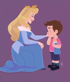 a little boy standing next to a cartoon princess with her hand on the face of a man