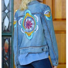 Nostalgia Denim Washed Jacket With Bohemian Design Embroidery On Back With Detail Black Piping. This Jacket Is Lightweight With A Button Down Closure. Pit To Pit Appropriately 19”, Length 19”.5 Still In Plastic Bag With Tags. Decorated Denim Jackets, Native Designs, Embroidered Jean Jacket, Painted Jacket, Upcycled Clothes, Embroidered Denim Jacket, Recycle Jeans, Embellished Jeans, Design Embroidery