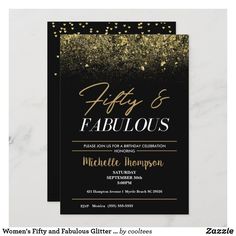 a black and gold 50th birthday party card with confetti on the edges,