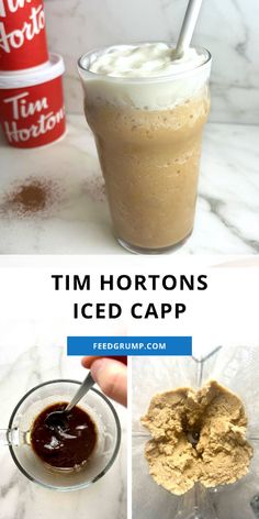 the ingredients for tim horton's iced cappuccino are shown in this collage