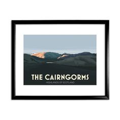 a black framed poster with the words, the carings on it and mountains in the background