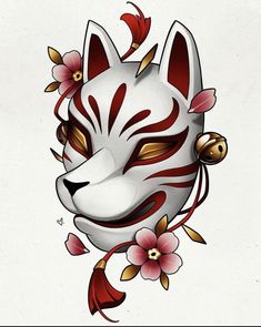 a white mask with red and gold designs on it's face is surrounded by flowers