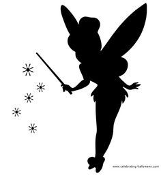 a black and white silhouette of a tinkerbell holding a wand with snowflakes