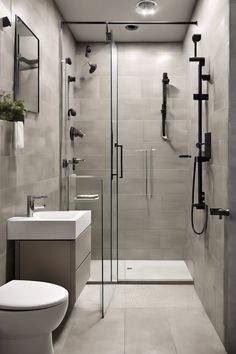 Modern bathroom with glass-enclosed shower, multiple showerheads, vanity with sink, mirror, and toilet. Wet Wall Bathroom Ideas, Wet Wall Bathroom, Bathroom Wet Room Ideas, Wet Room Bathroom Ideas, Wet Room Ideas, Bathroom Wet Room, Teak Shower Floor, Room Bathroom Ideas, Wet Room Bathroom