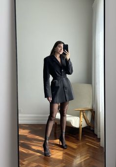 Tights With Open Toe Heels Outfit, Tights Heels Outfit, Lbd With Tights, Open Toed Heels With Tights, Open Toe Heels With Stockings Outfit, Mini Skirt With Stockings Outfit, Heels With Stockings Outfit, Blazer Dress With Tights