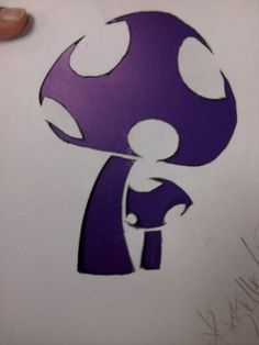 a drawing of a purple mushroom with white dots on it's head and arms