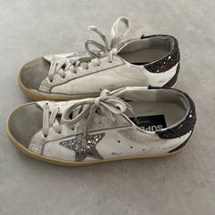 Good, Used Condition. Authentic Golden Hoose Superstar With Glitter Heel And Star Shoes Golden Goose, Golden Goose Superstar, Goose Shoes, Glitter Heels, Golden Goose Shoes, Golden Goose, Womens Shoes Sneakers, White And Black, Shoes Sneakers