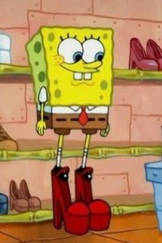 the spongebob is standing in front of some shoes